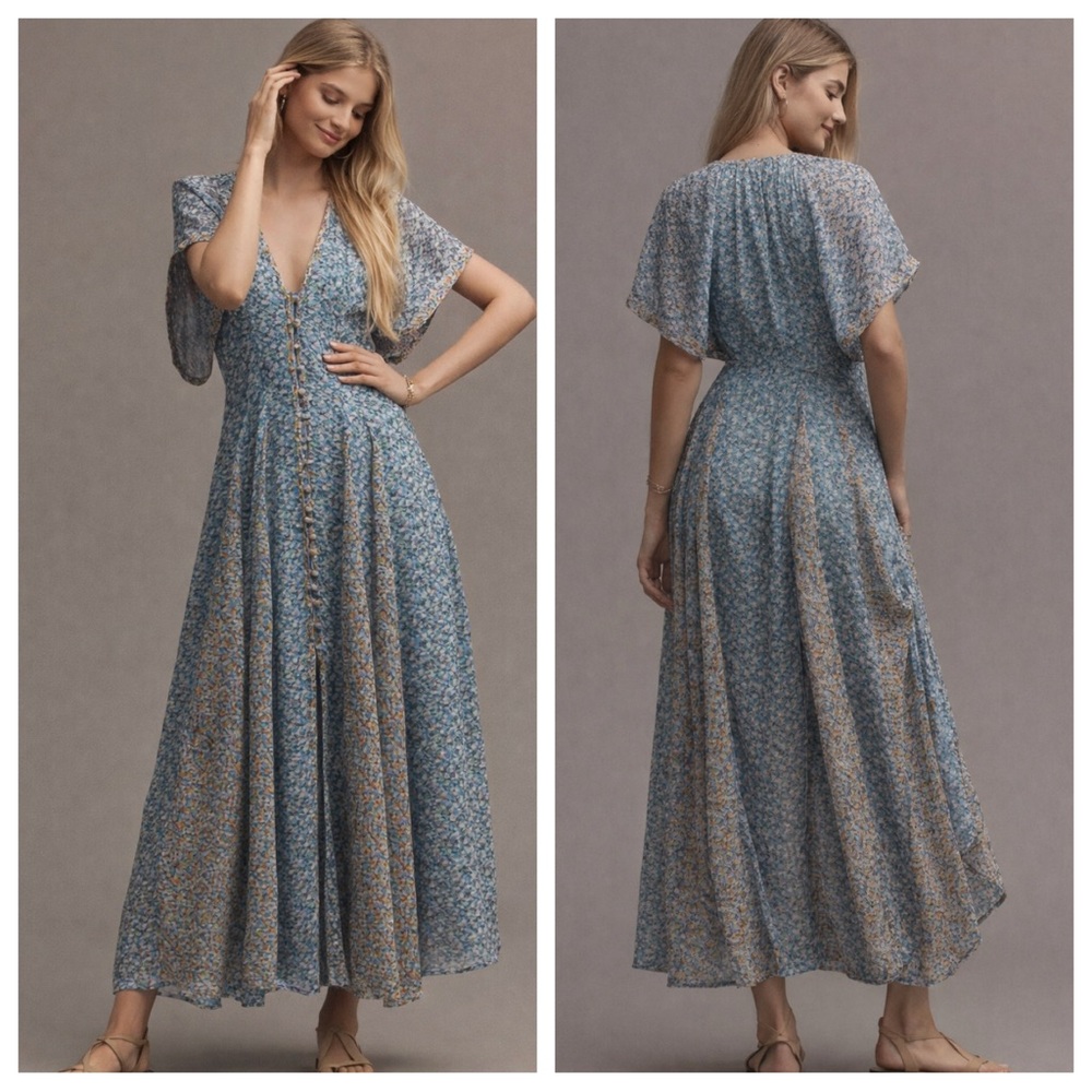 Anthropologie Blue Floral Maxi Dress